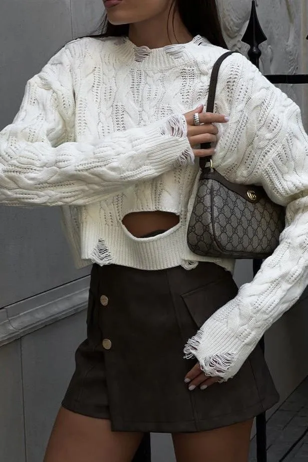 Cable-knitted Hollow Short Sweater