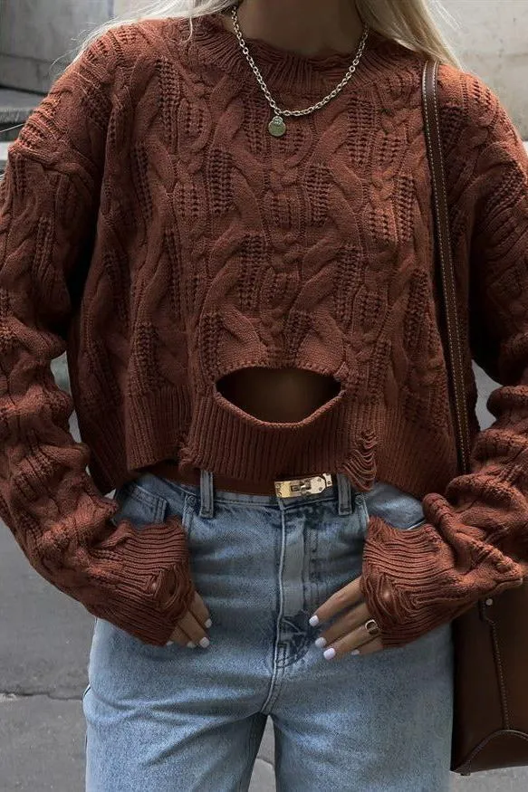 Cable-knitted Hollow Short Sweater