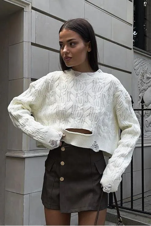 Cable-knitted Hollow Short Sweater