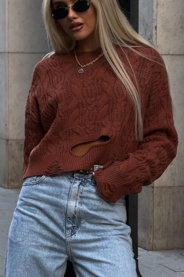 Cable-knitted Hollow Short Sweater