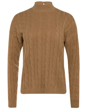 Camel Mockneck Cable Knit Sweater
