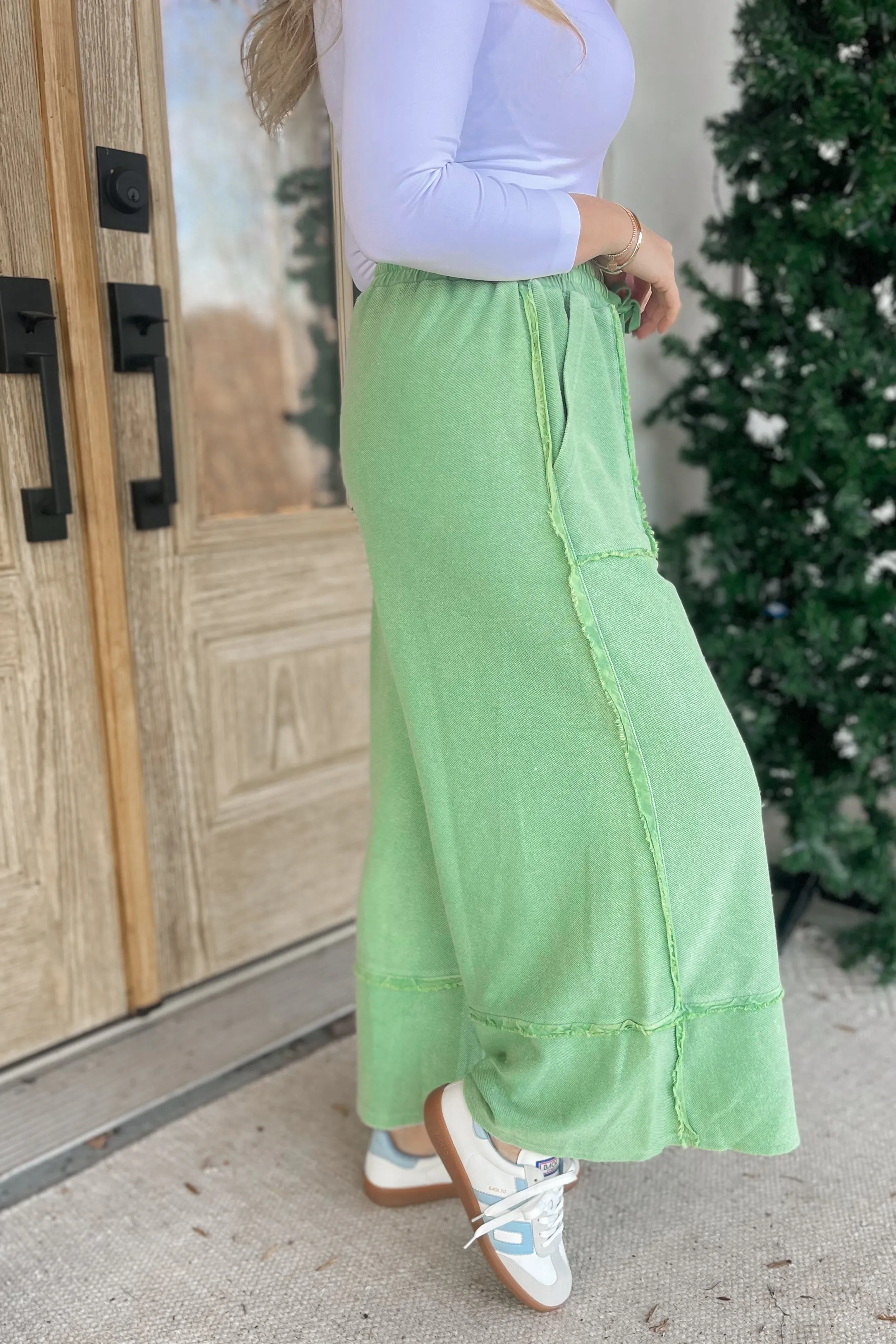 Caris Mineral Washed Upside Down Terry Knit Wide Leg Palazzo Pants