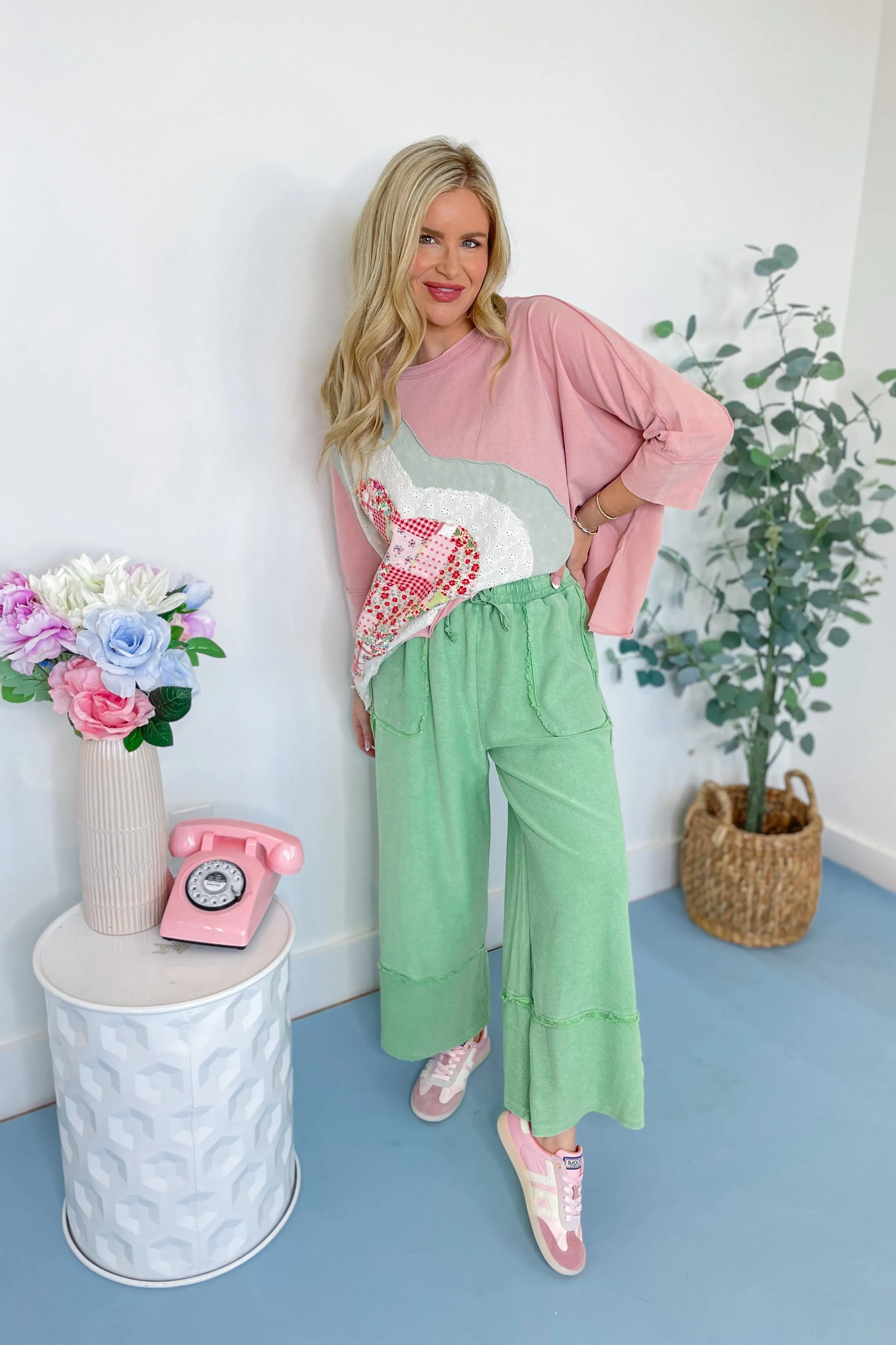 Caris Mineral Washed Upside Down Terry Knit Wide Leg Palazzo Pants