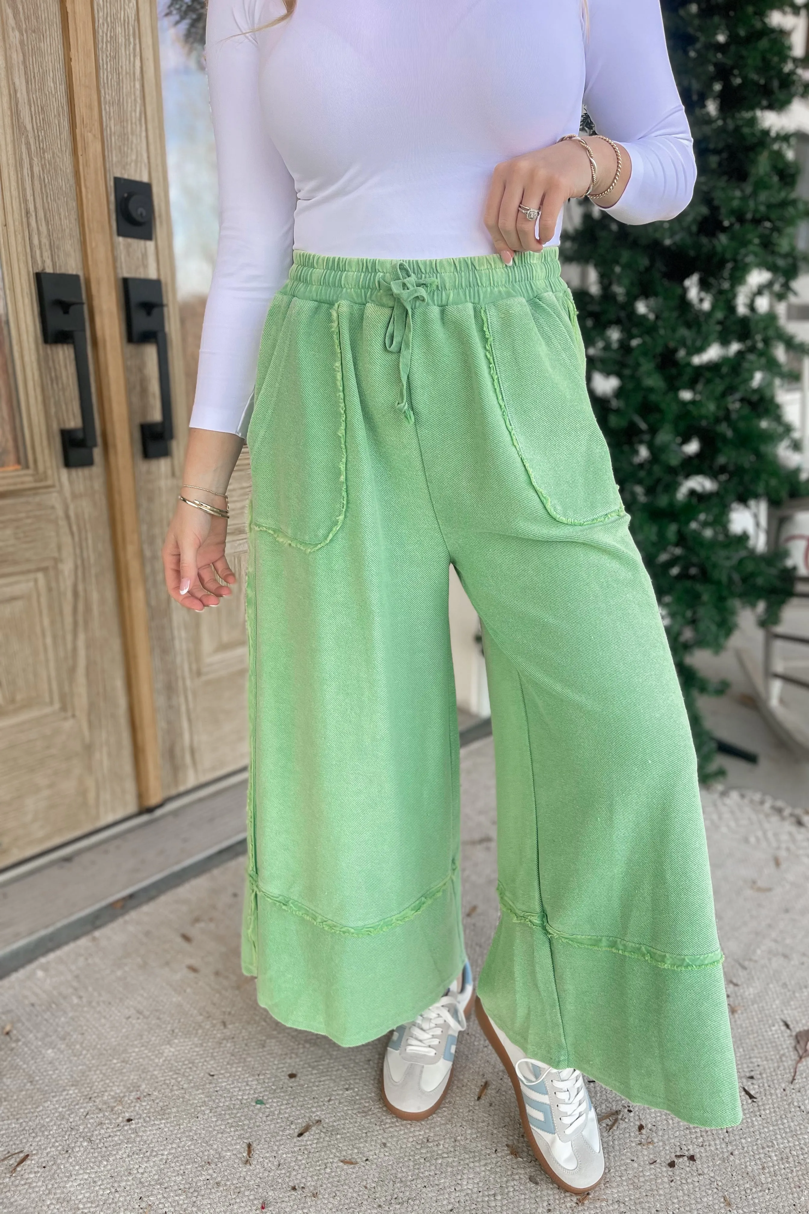 Caris Mineral Washed Upside Down Terry Knit Wide Leg Palazzo Pants