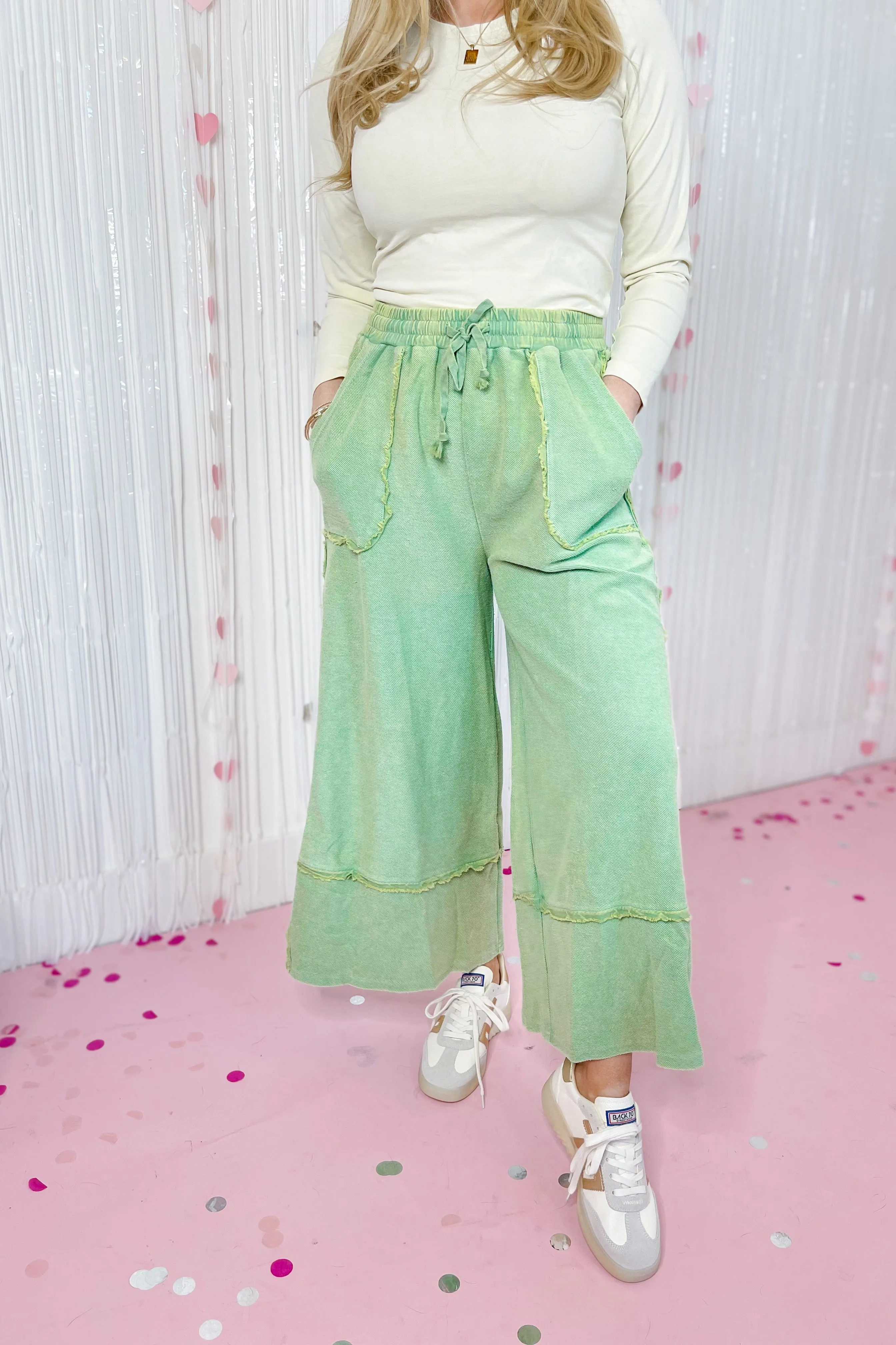 Caris Mineral Washed Upside Down Terry Knit Wide Leg Palazzo Pants