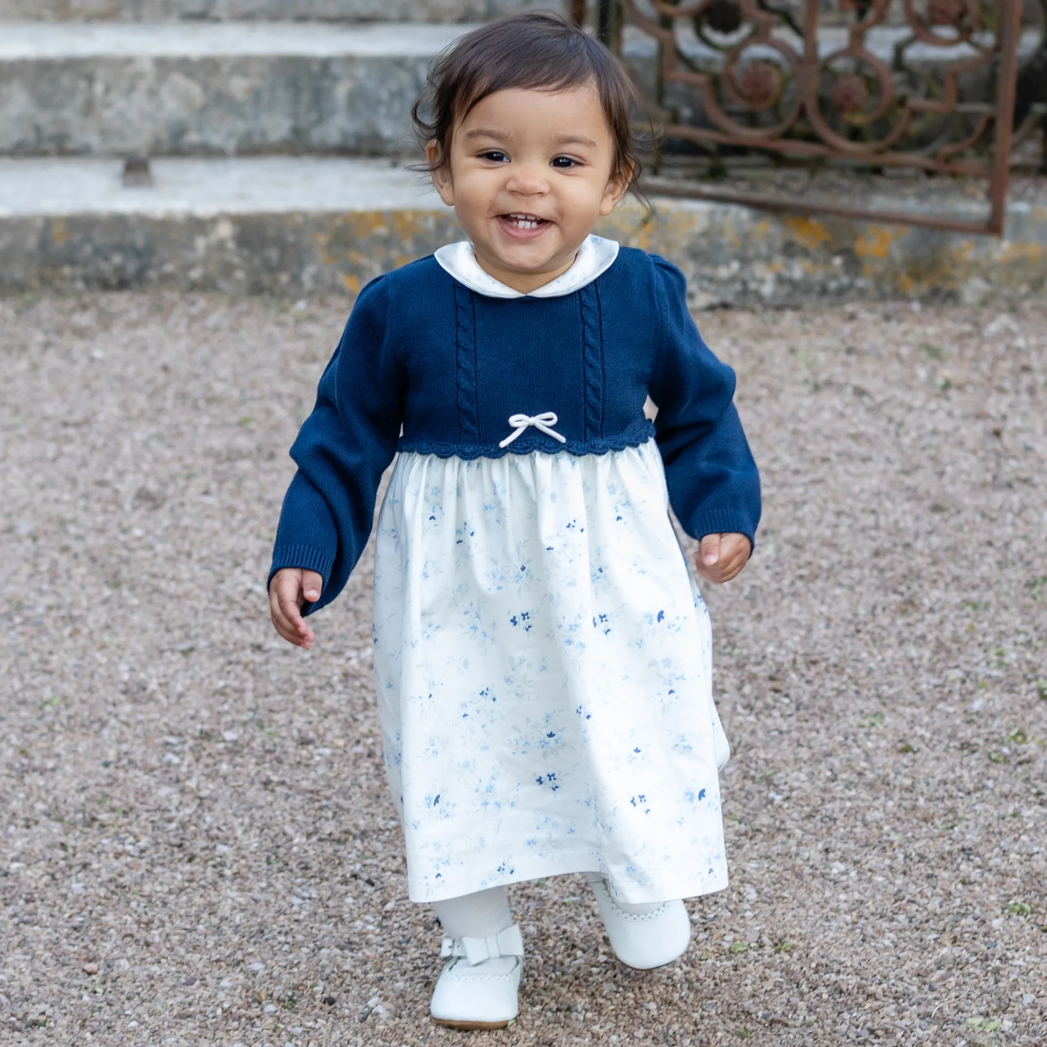 Cerys Navy Girls Floral Dress with Tights