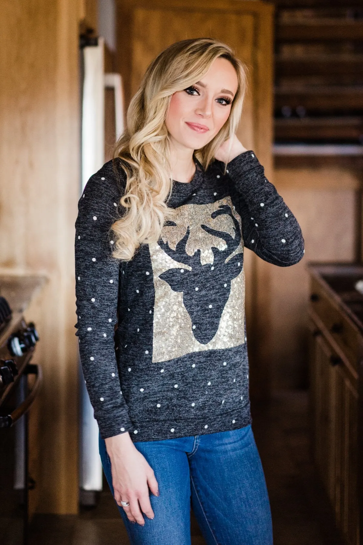 Charcoal Polka Dot & Reindeer Top