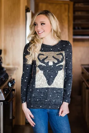 Charcoal Polka Dot & Reindeer Top
