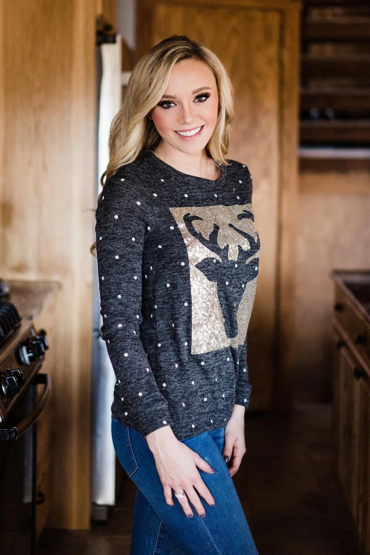 Charcoal Polka Dot & Reindeer Top