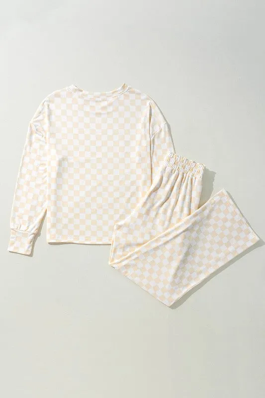Checkered Lounge Set – Two-Piece Long Sleeve Top & Wide-Leg Pants