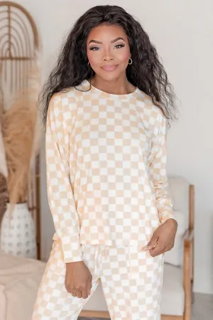 Checkered Lounge Set – Two-Piece Long Sleeve Top & Wide-Leg Pants