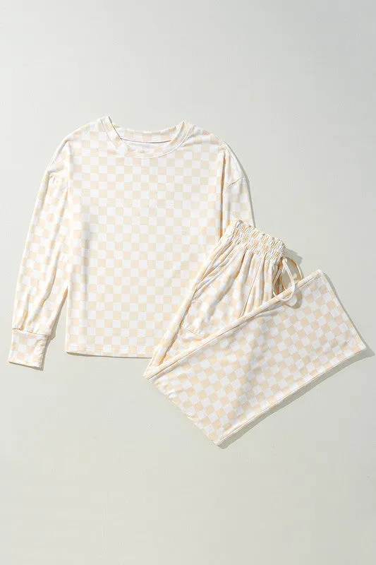 Checkered Lounge Set – Two-Piece Long Sleeve Top & Wide-Leg Pants