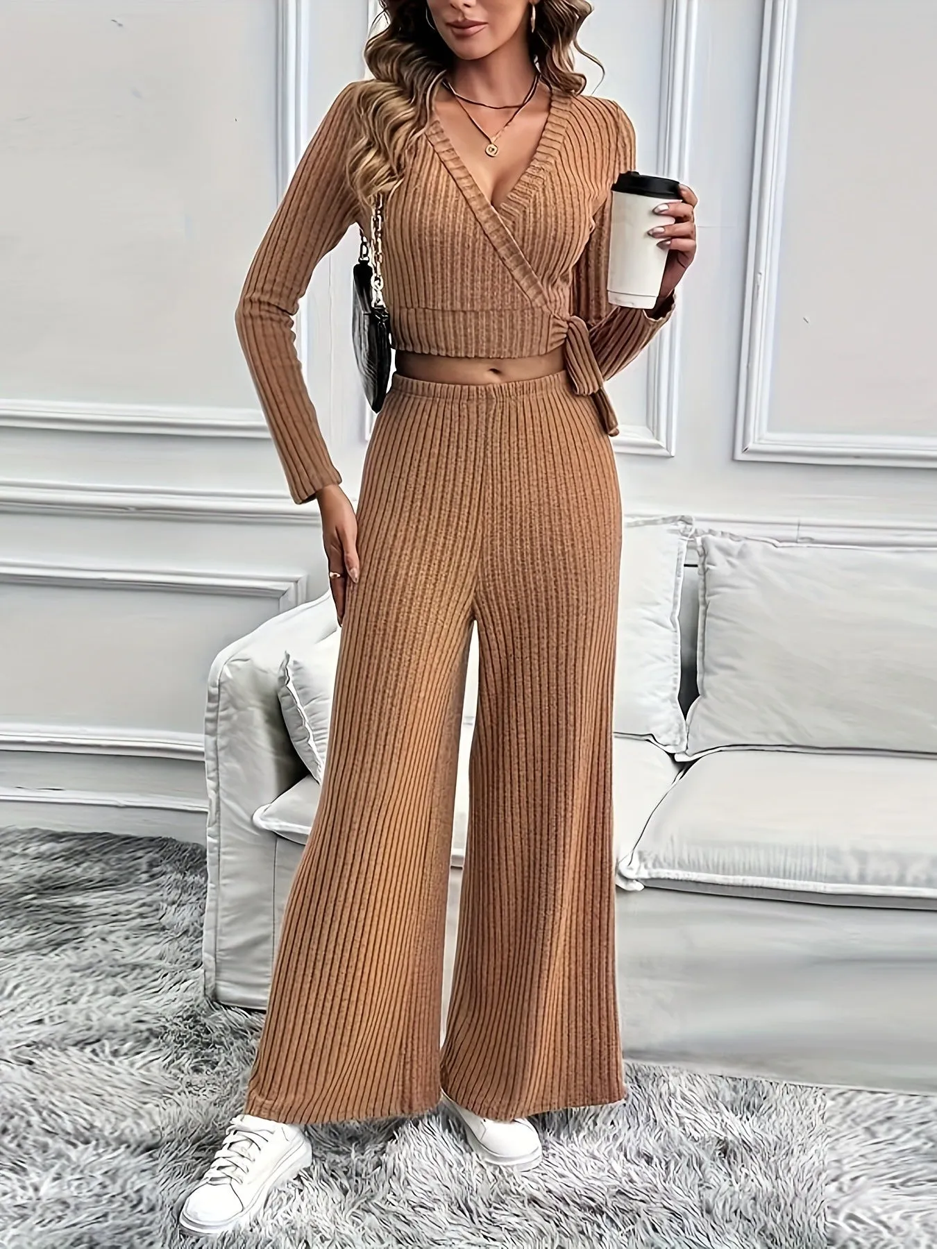 Chic Ribbed Knit Wrap V-Neck Top and Wide-Leg Pants Two-Piece Set