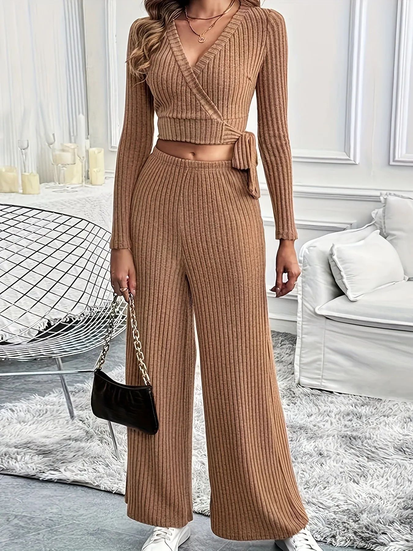 Chic Ribbed Knit Wrap V-Neck Top and Wide-Leg Pants Two-Piece Set