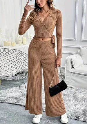 Chic Ribbed Knit Wrap V-Neck Top and Wide-Leg Pants Two-Piece Set
