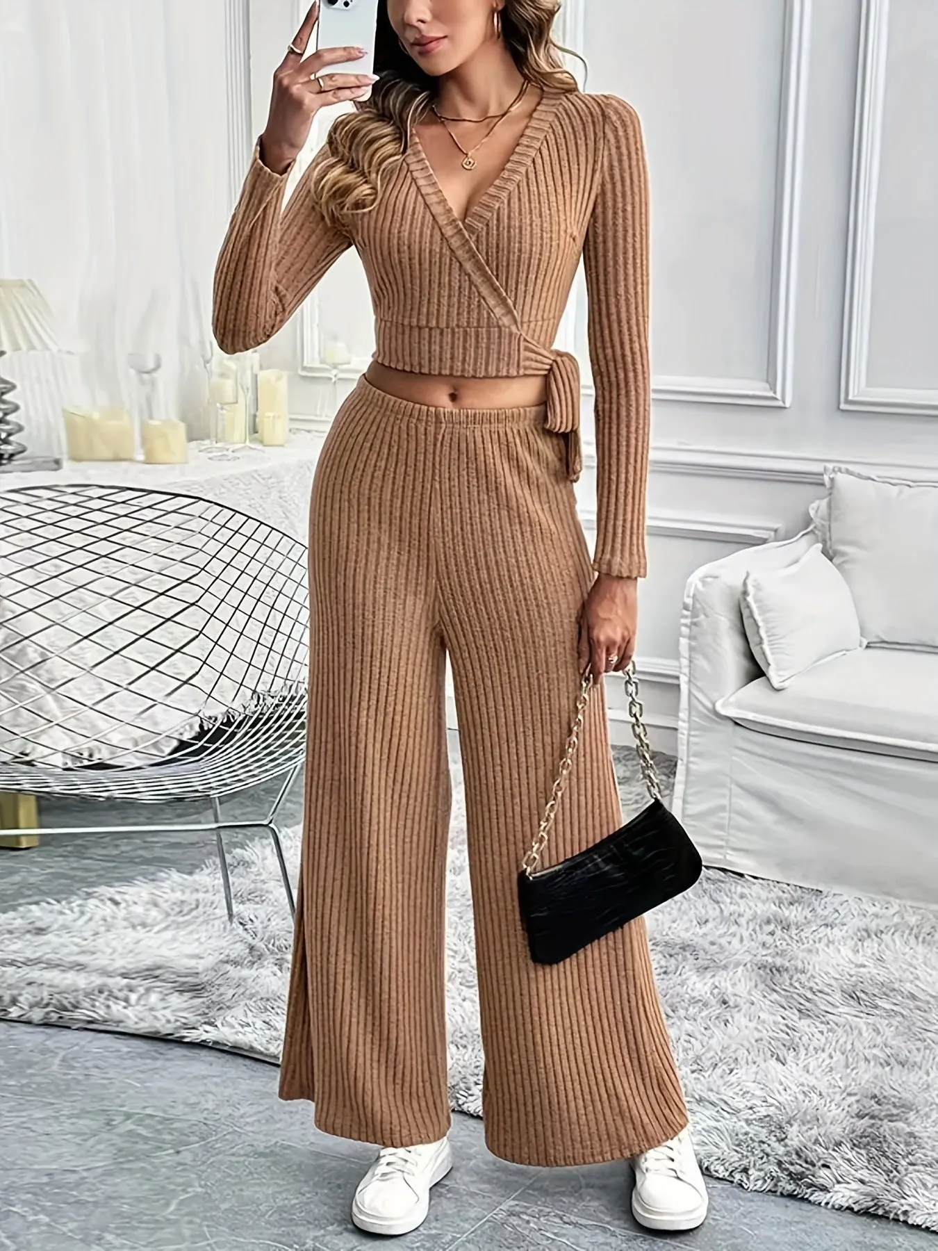 Chic Ribbed Knit Wrap V-Neck Top and Wide-Leg Pants Two-Piece Set