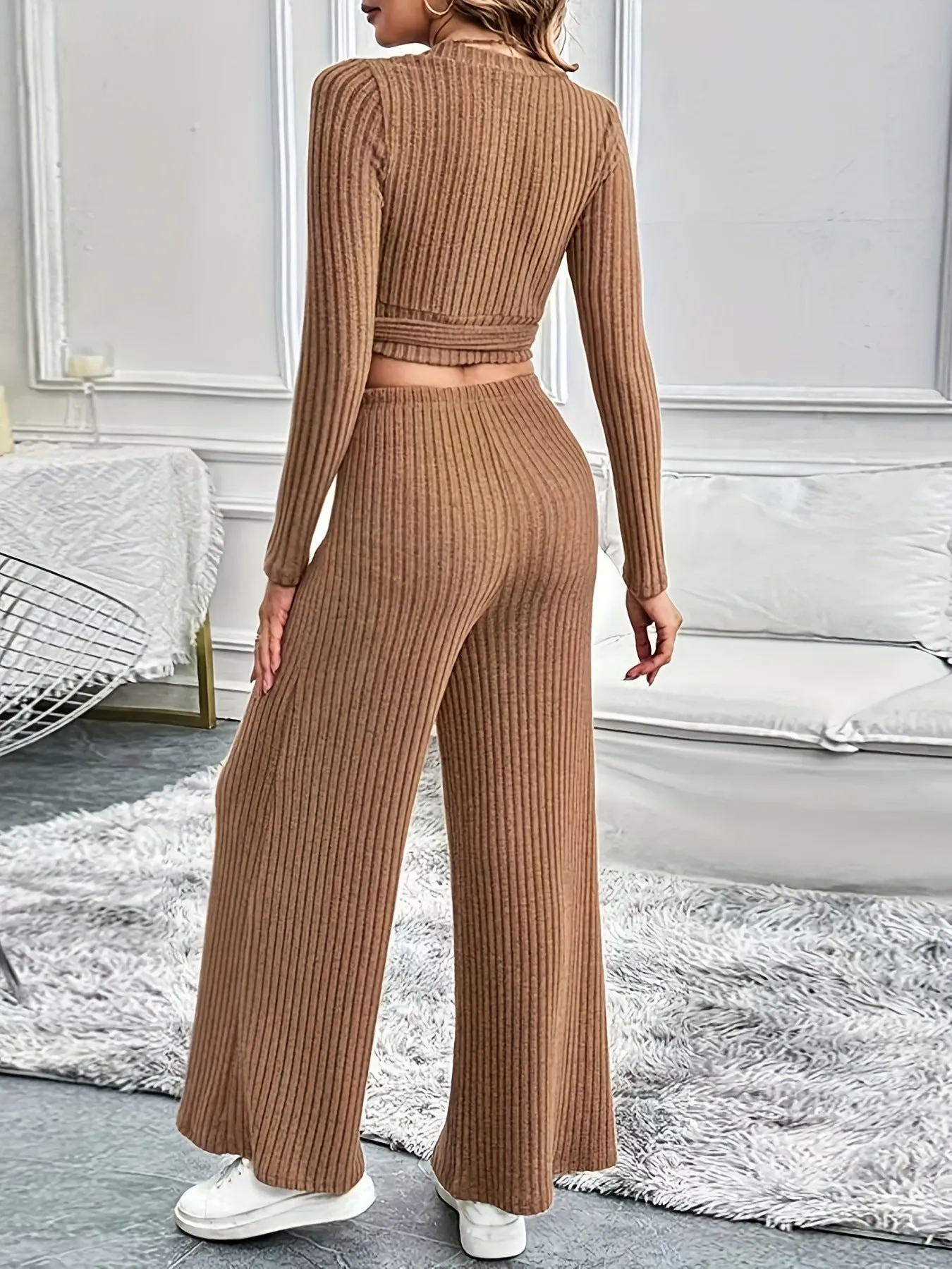 Chic Ribbed Knit Wrap V-Neck Top and Wide-Leg Pants Two-Piece Set