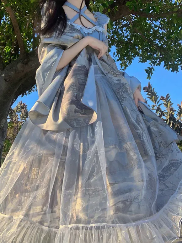 Classical Lolita Dress Chiffon Ruffles Sleeveless Lolita Dresses Floral Print Classic Blue