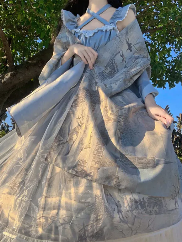 Classical Lolita Dress Chiffon Ruffles Sleeveless Lolita Dresses Floral Print Classic Blue