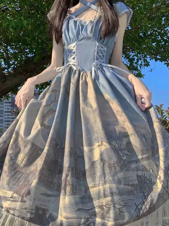 Classical Lolita Dress Chiffon Ruffles Sleeveless Lolita Dresses Floral Print Classic Blue