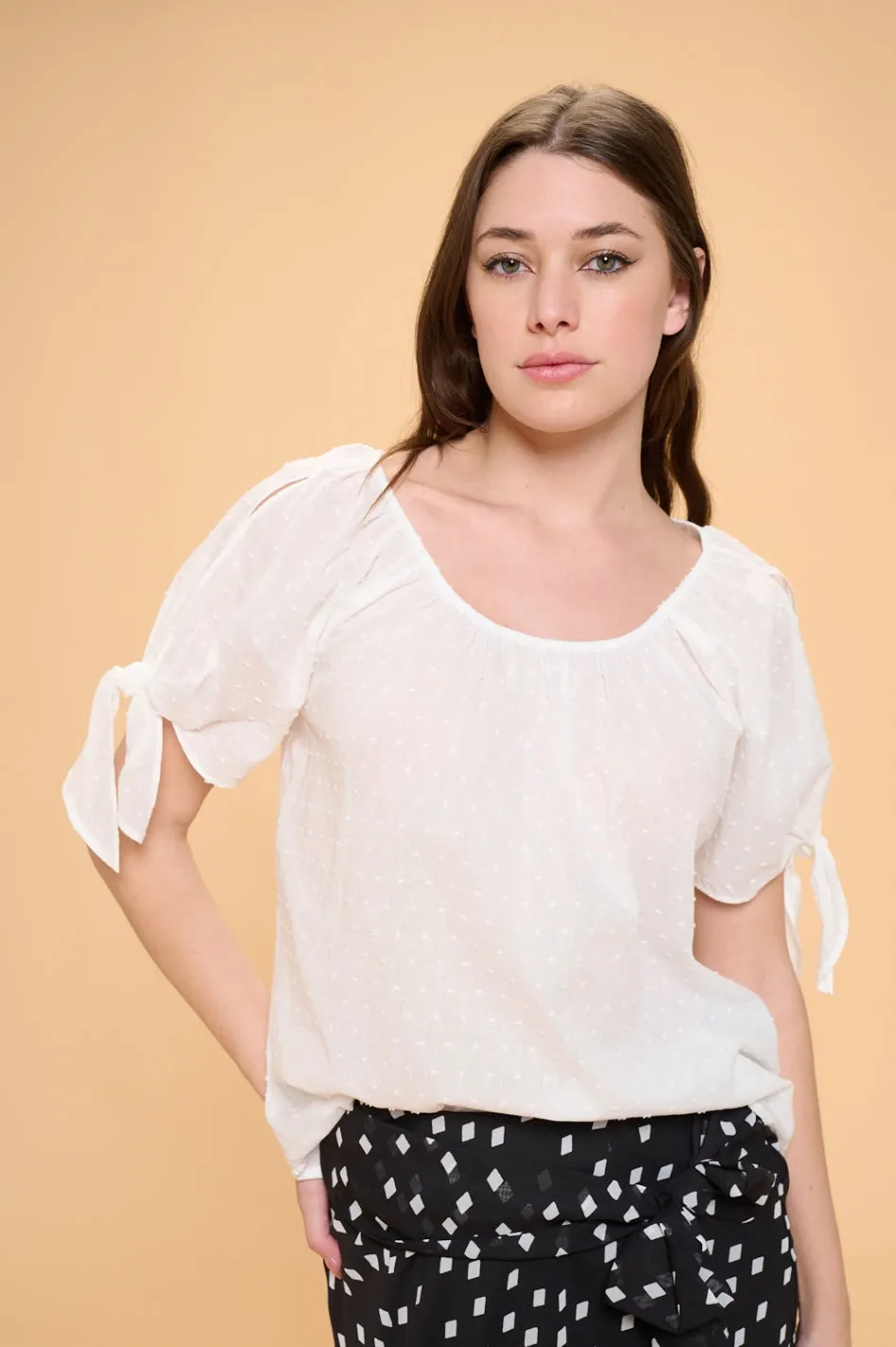 COLD SHOULDER SLIT TIE PEASANT BLOUSE TOP
