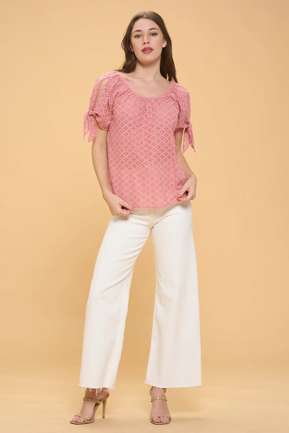 COLD SHOULDER SLIT TIE PEASANT BLOUSE TOP