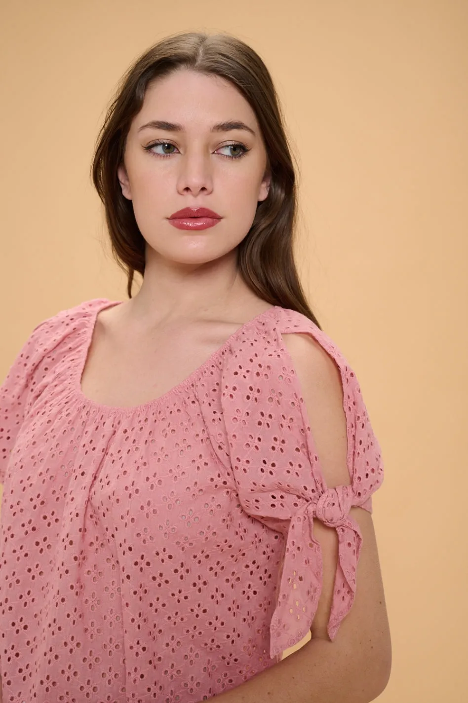 COLD SHOULDER SLIT TIE PEASANT BLOUSE TOP