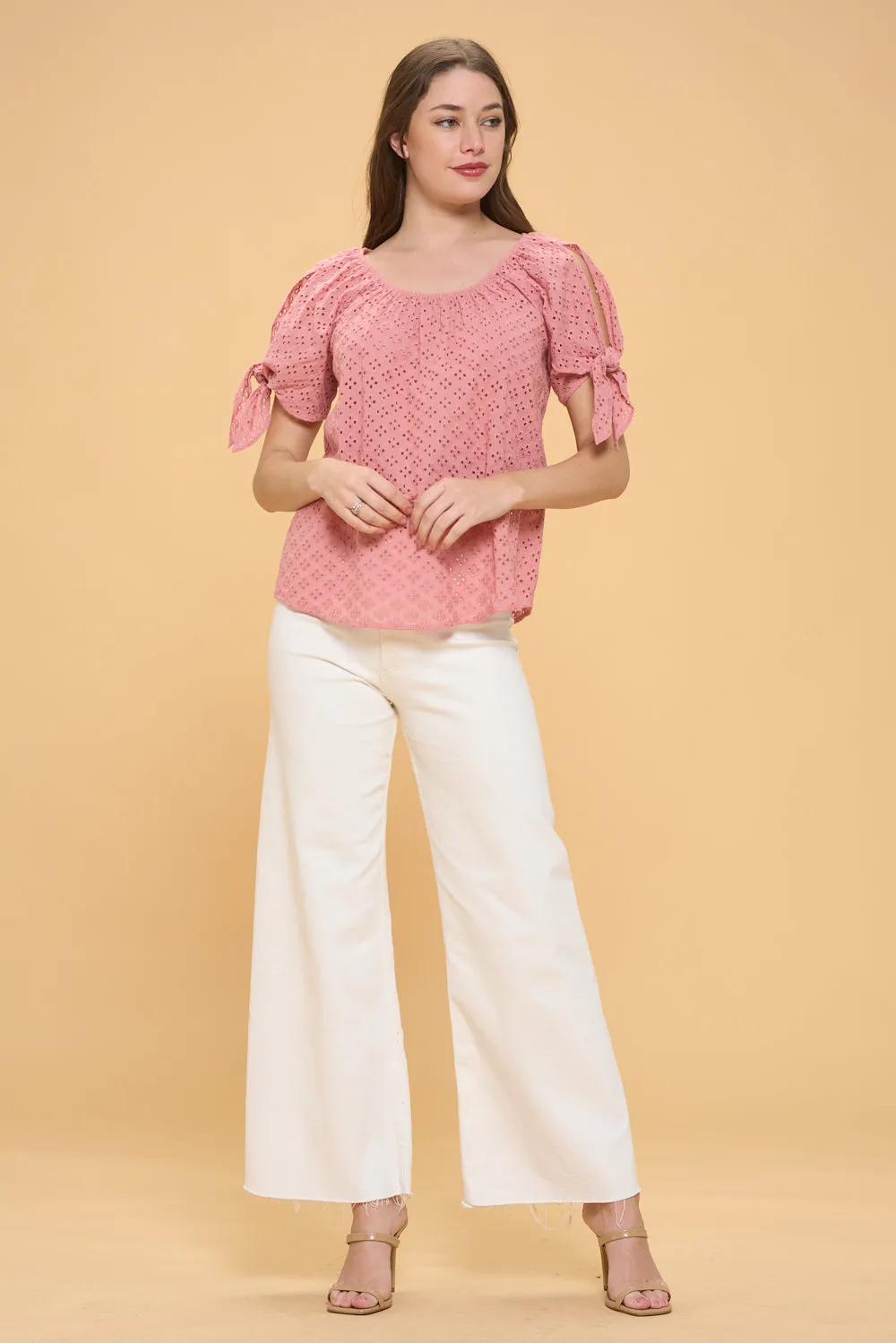 COLD SHOULDER SLIT TIE PEASANT BLOUSE TOP
