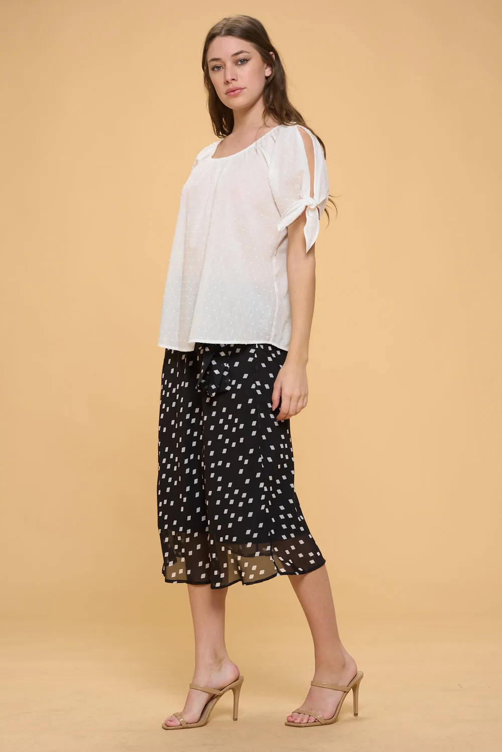 COLD SHOULDER SLIT TIE PEASANT BLOUSE TOP