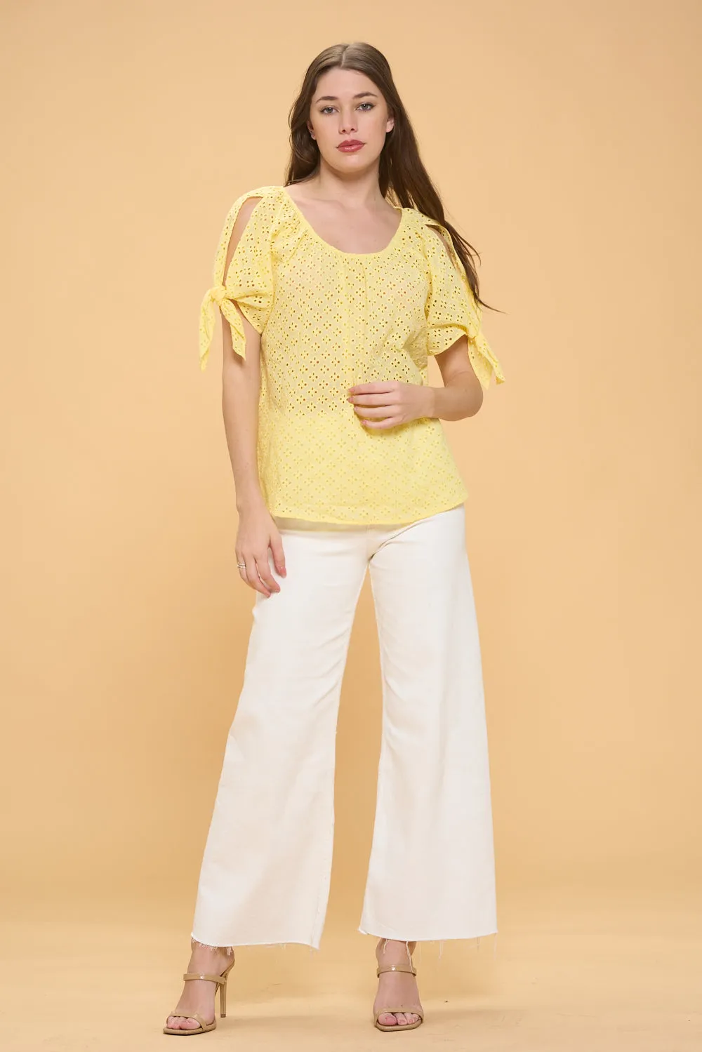 COLD SHOULDER SLIT TIE PEASANT BLOUSE TOP