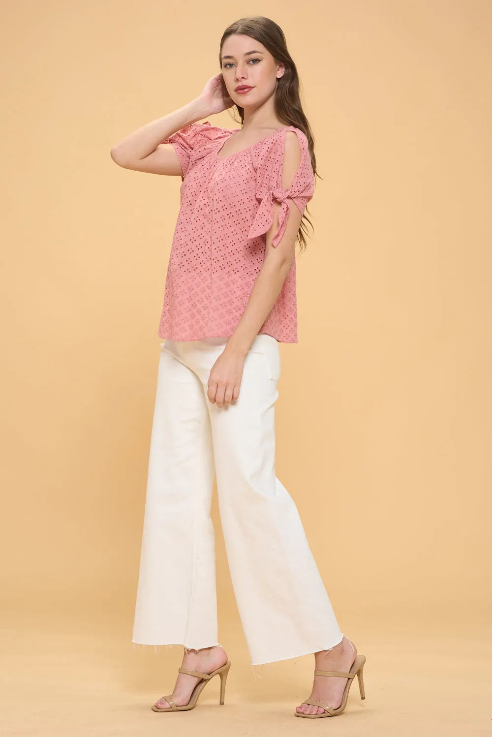 COLD SHOULDER SLIT TIE PEASANT BLOUSE TOP