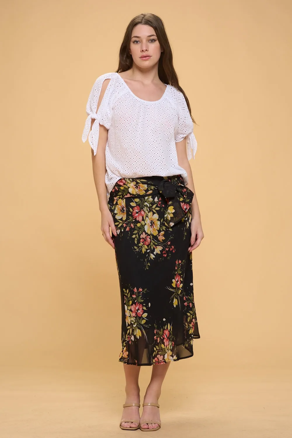 COLD SHOULDER SLIT TIE PEASANT BLOUSE TOP