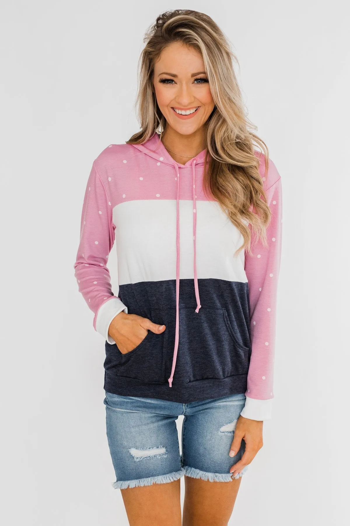 Come With Me Polka Dot Color Block Hoodie- Pink & Navy