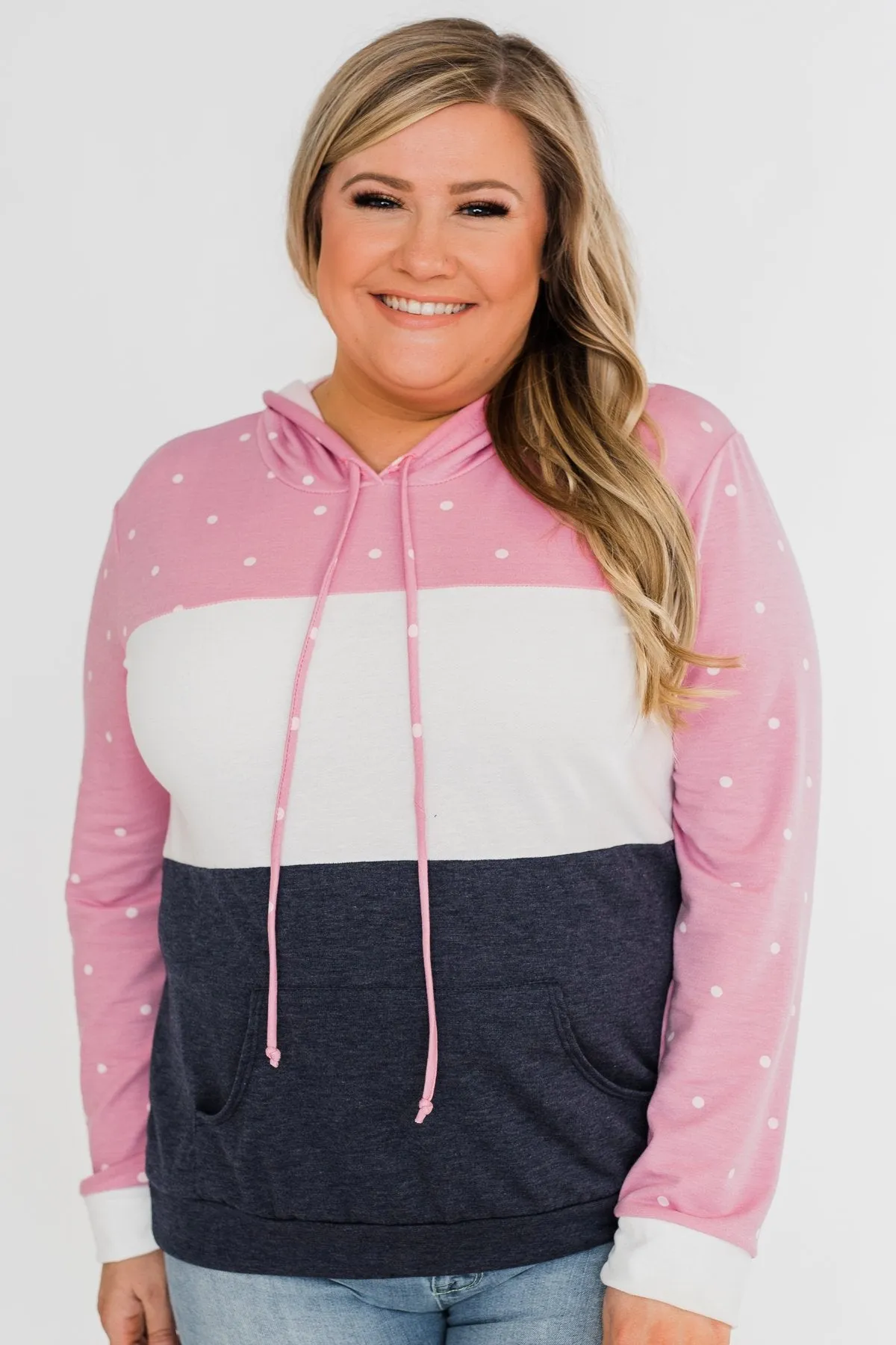 Come With Me Polka Dot Color Block Hoodie- Pink & Navy