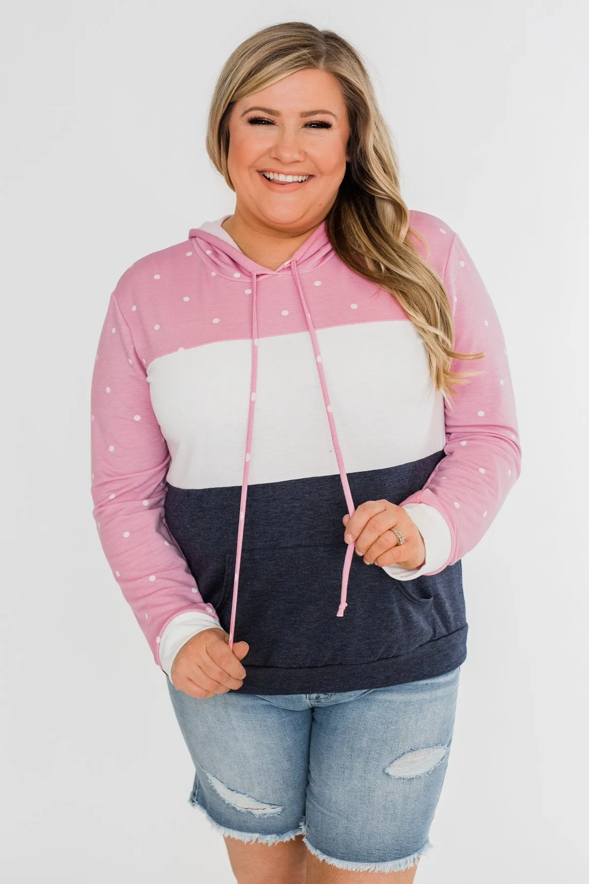 Come With Me Polka Dot Color Block Hoodie- Pink & Navy