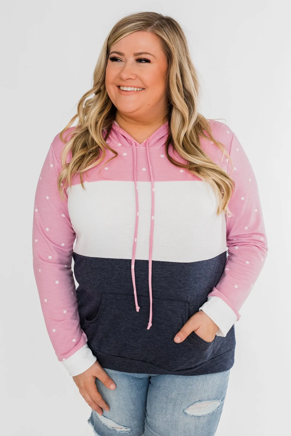 Come With Me Polka Dot Color Block Hoodie- Pink & Navy