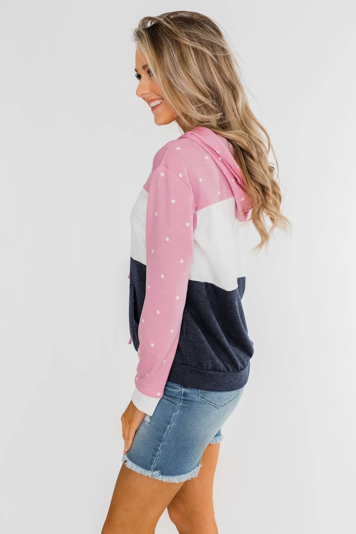 Come With Me Polka Dot Color Block Hoodie- Pink & Navy