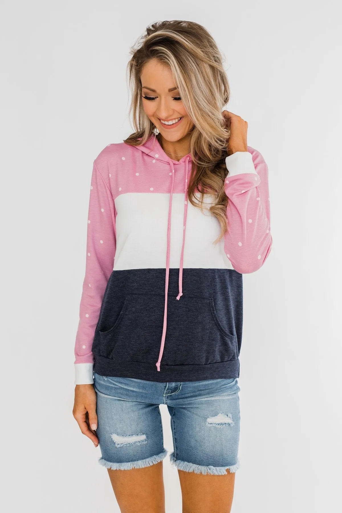 Come With Me Polka Dot Color Block Hoodie- Pink & Navy