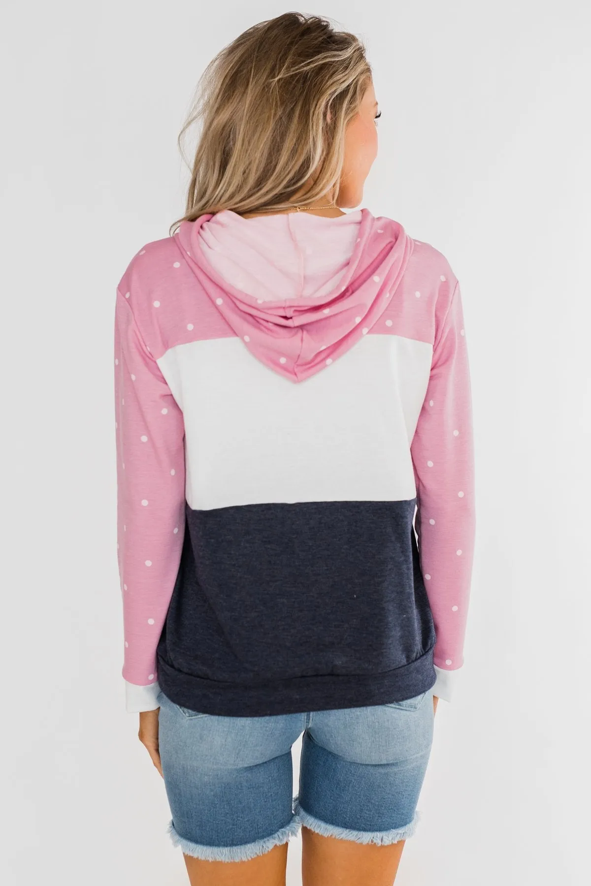 Come With Me Polka Dot Color Block Hoodie- Pink & Navy