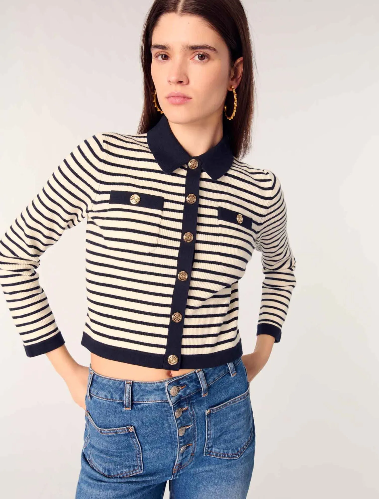 Cropped rib knit cardigan