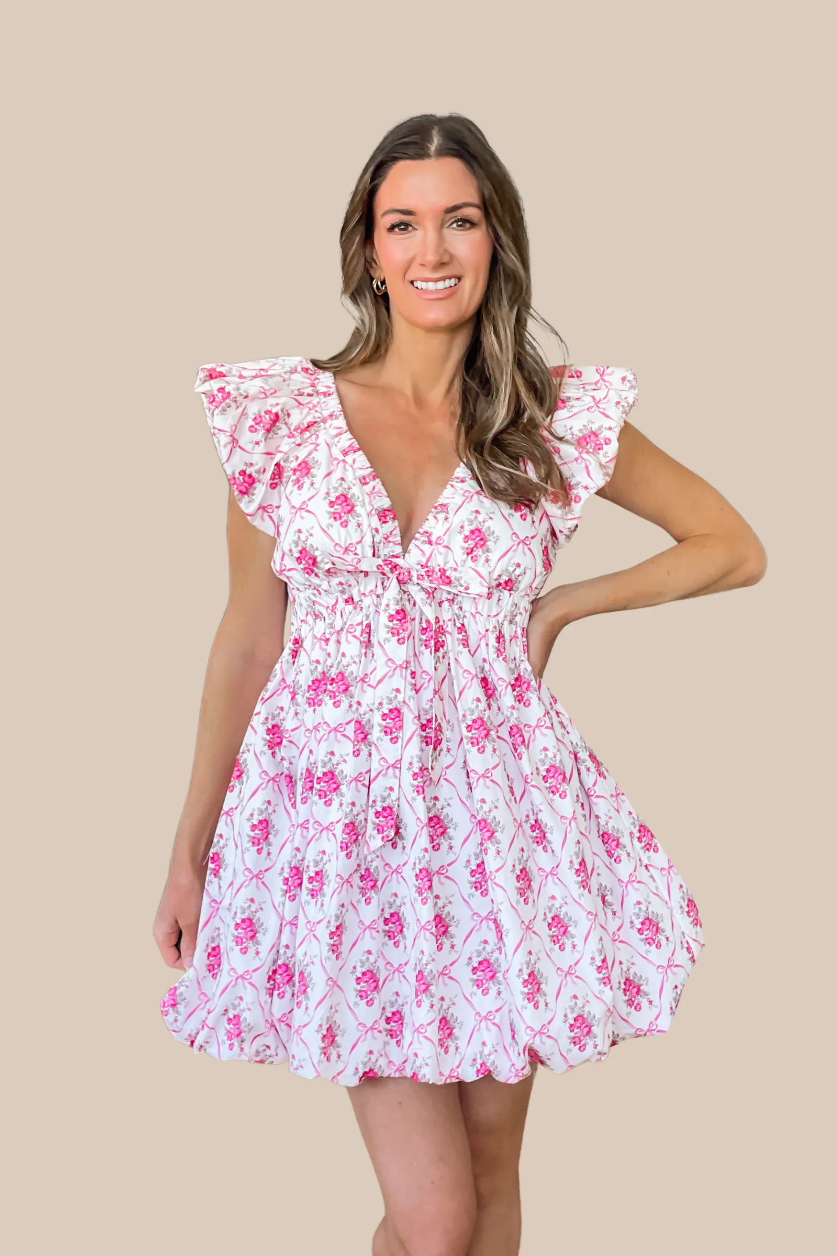 Dance With Me Floral And Bow Print Bubble Mini Dress