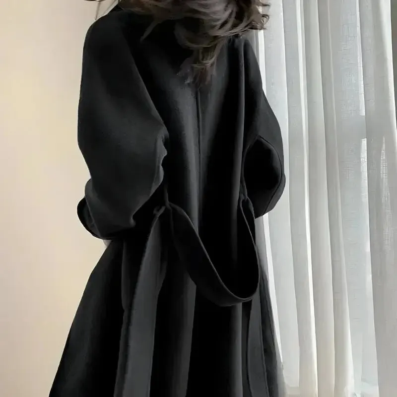 Dark Academia Long Coat with Double Button Fastening in Faux Wool