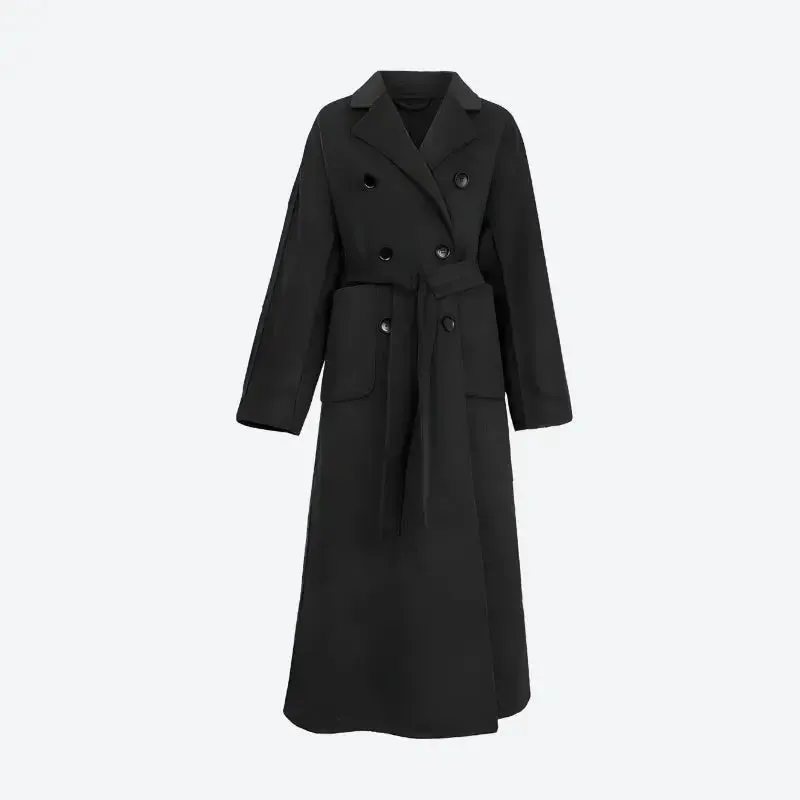 Dark Academia Long Coat with Double Button Fastening in Faux Wool