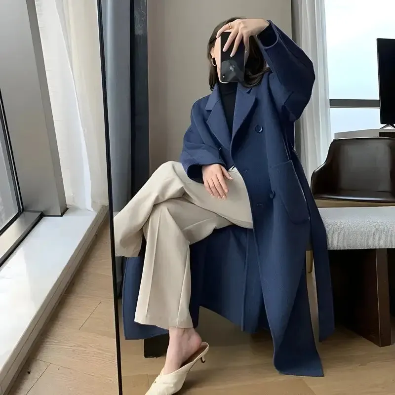 Dark Academia Long Coat with Double Button Fastening in Faux Wool