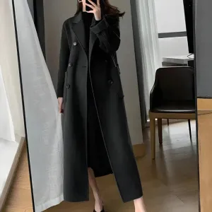Dark Academia Long Coat with Double Button Fastening in Faux Wool