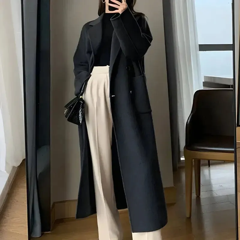 Dark Academia Long Coat with Double Button Fastening in Faux Wool