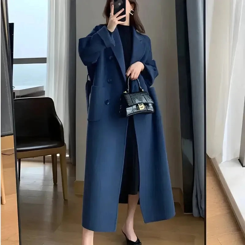 Dark Academia Long Coat with Double Button Fastening in Faux Wool