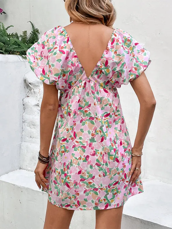 Deep V-Neck Mini Dress with Floral Print and Puff Sleeves