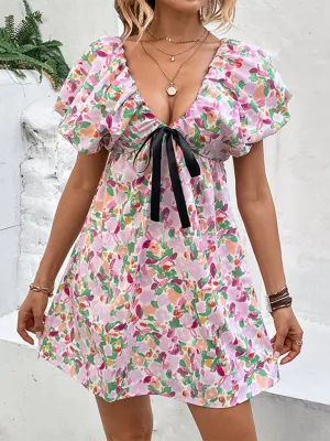 Deep V-Neck Mini Dress with Floral Print and Puff Sleeves