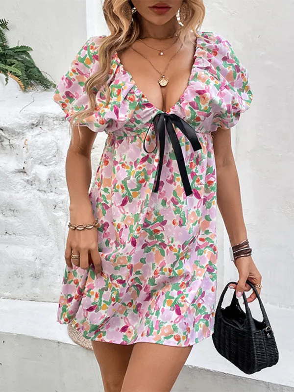 Deep V-Neck Mini Dress with Floral Print and Puff Sleeves